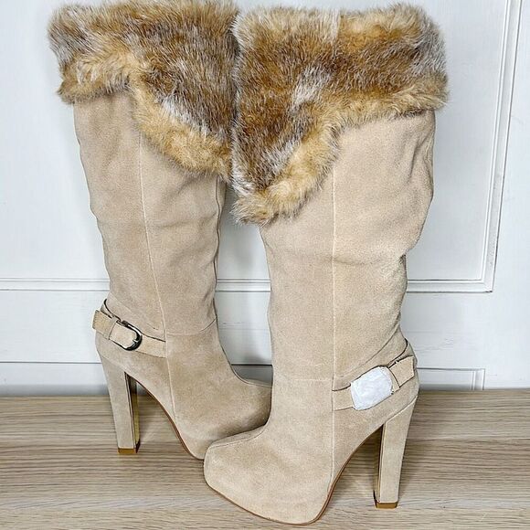 Colin Stuart Over The Knee Fur Suede Boots Heeled Tan Nwot Size 6.5B - Picture 1 of 8
